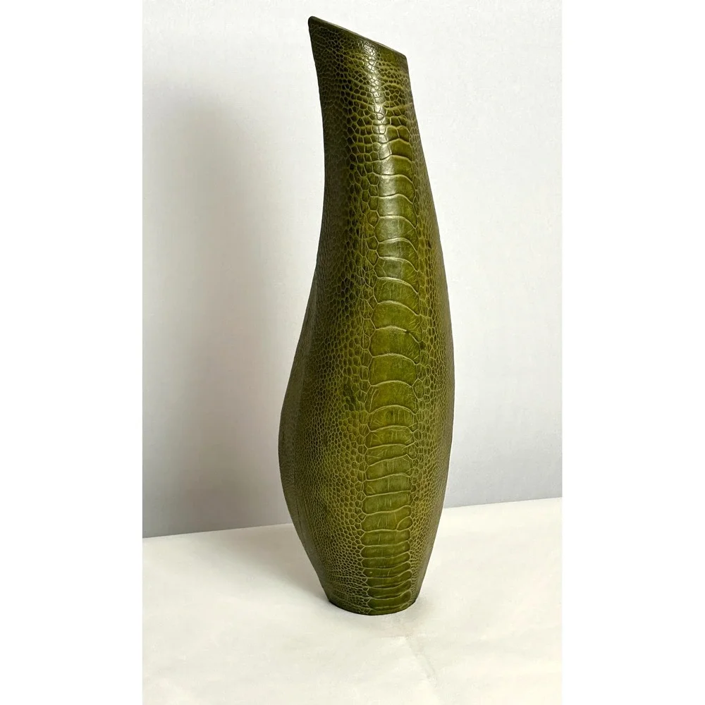 R & Y Augousti Paris Exotic Reptile Embossed Leather Texture Green Curved Vase